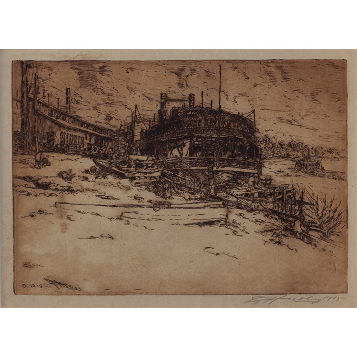 Appraisal: E T Hurley etching riverboat scene signed dated matted framed