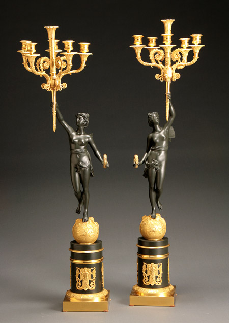 Appraisal: Pair of Empire Style Ormolu and Bronze Figural Five-Light Candelabra