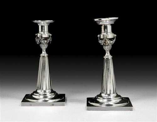 Appraisal: PAIR OF CANDLESTICKS Munich Maker's mark probably Engelbert Jehle Fluted