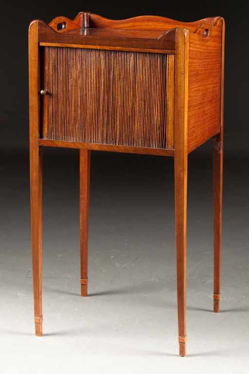 Appraisal: Georgian style inlaid mahogany stand with tambour door Estimate -