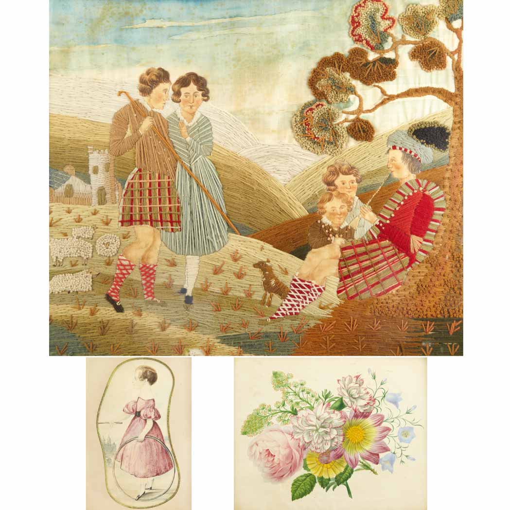 Appraisal: Scottish Wool Needlework and Watercolor Picture th Century Depicting a