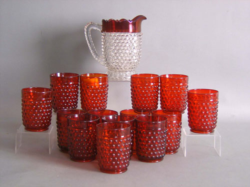 Appraisal: Fifteen pcs of hobnail glass lemonade set