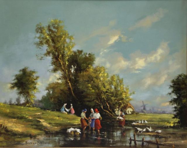 Appraisal: SIBBONS Gudrun Oil on Canvas Washerwomen in theRiver Signed lower