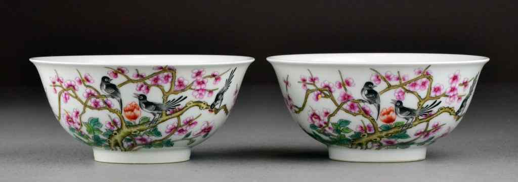 Appraisal: Pr Chinese Qing Famille Rose Porcelain BowlsFinely painted to depict