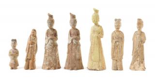 Appraisal: Seven Pottery Figures Seven Pottery Figures TANG DYNASTY comprising four