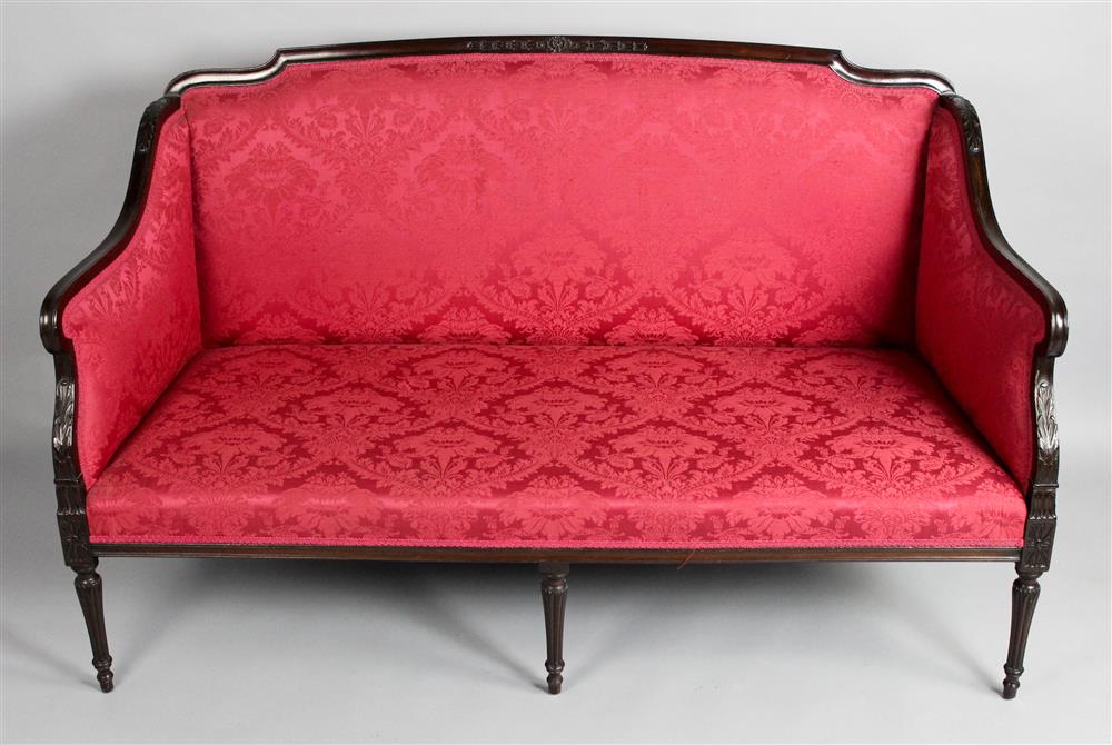 Appraisal: GEORGIAN STYLE CARVED MAHOGANY SETTEE WITH RED DAMASK UPHOLSTERY having