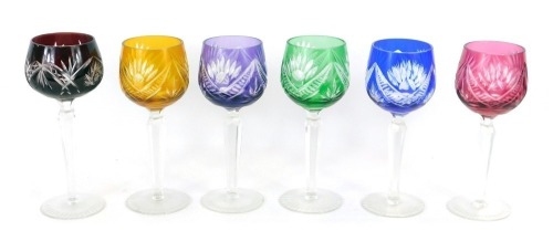 Appraisal: A set of six coloured Bohemian cut glass wine glasses