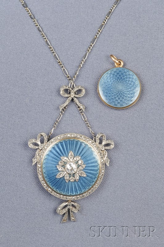 Appraisal: Edwardian Enamel and Diamond Pendant Locket the guilloche enamel ground