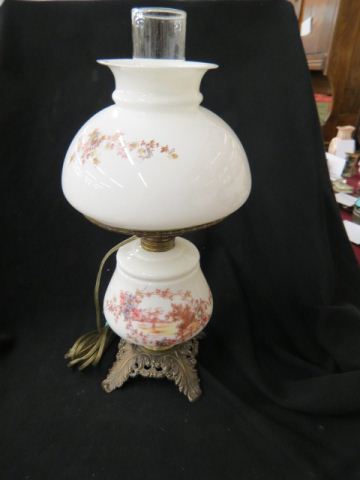 Appraisal: Victorian Oil Lamp bronzed base decorated white glass in Wavecrest