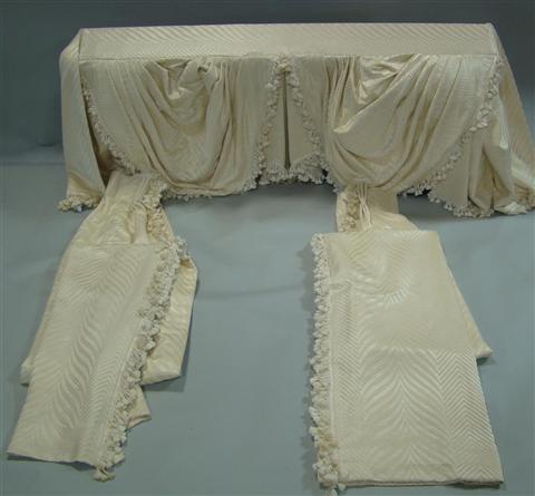 Appraisal: THREE SCALAMANDRE CREAM CHEVRON DESIGN FABRIC SWAG AND JABOT VALANCES