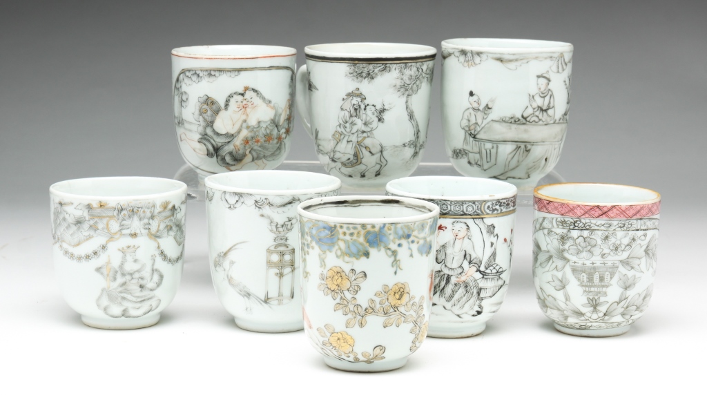 Appraisal: EIGHT CHINESE EXPORT TEA CUPS Late th century Seven grisaille