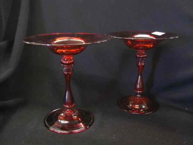 Appraisal: Pair of Red Art Glass Compotes attributedto Steuben pedestal bases