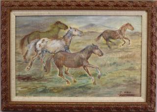 Appraisal: Mustangs E Hess Oil on canvas painting of mustangs running