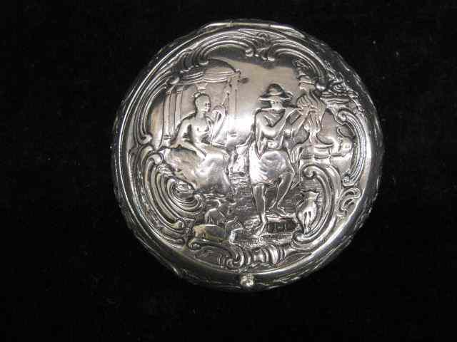 Appraisal: Sterling Silver Round Box courting scene '' diameter hallmarked Victorian