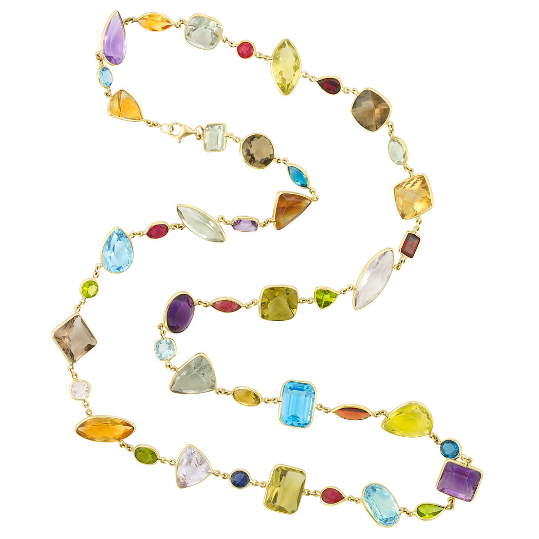 Appraisal: Long Gold and Colored Stone Chain Necklace kt citrines blue