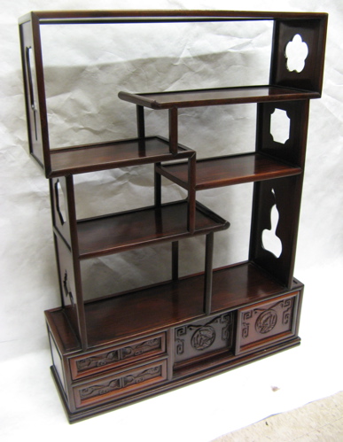 Appraisal: FOUR MINIATURE ROSEWOOD ETAGERES Chinese th century three having rectangular