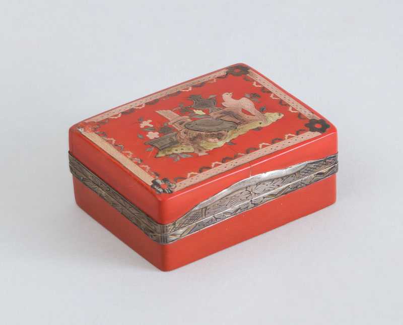 Appraisal: LOUIS XV SILVER-MOUNTED AND THREE-COLOR GOLD INLAID RED LACQUER BOITE