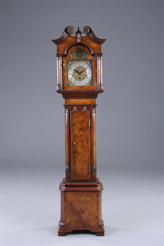 Appraisal: GEORGIAN STYLE BURLED WALNUT AND MAHOGANY GRANDMOTHER CLOCK th century