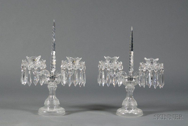 Appraisal: Pair of Waterford Colorless Mold-cut Glass Two-light Mantel Lustres modern