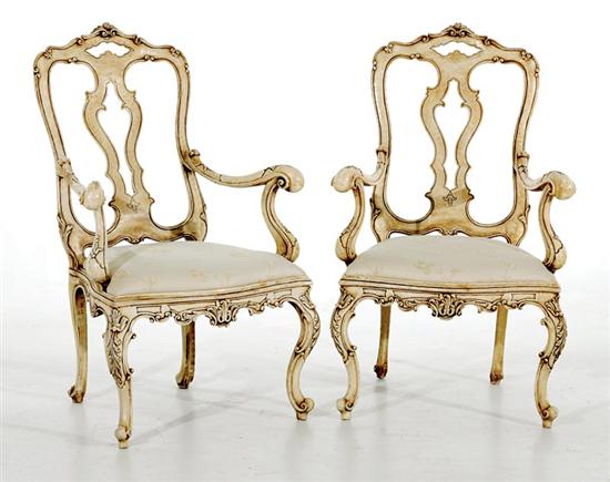 Appraisal: Pair French style carved and painted armchairs molded cartouche-form back