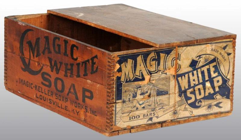 Appraisal: Magic White Soap Crate Description Nice stenciling of ducks on