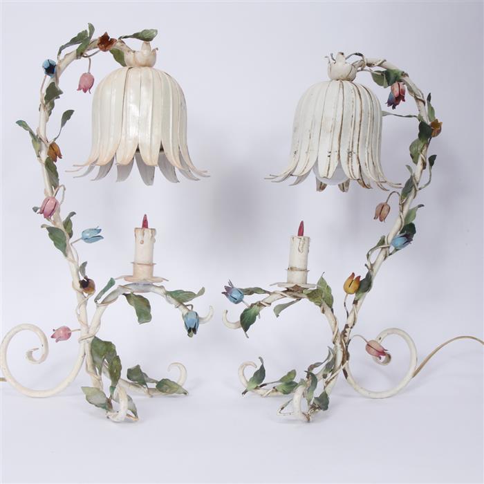 Appraisal: Pair Italian polychrome enameled metal floral vine candle lamps H