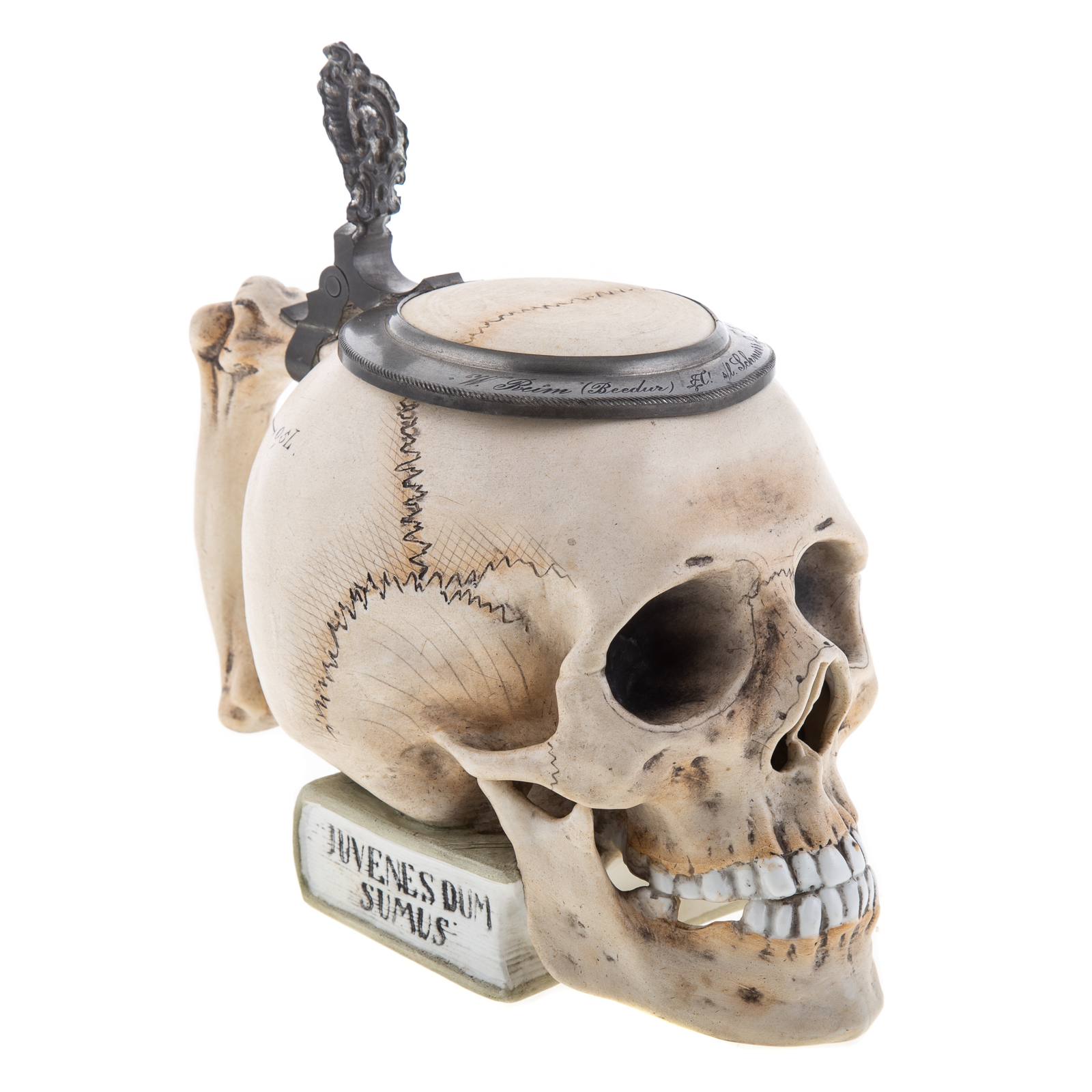 Appraisal: ERNEST BOHNE SOHNE BISQUE SKULL STEIN Early th century pewter