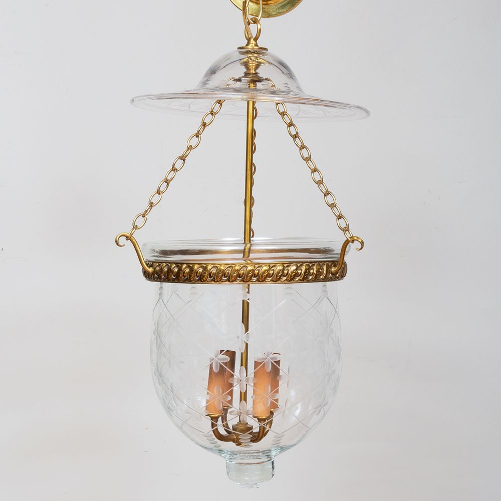 Appraisal: Brass and Etched Glass Four-Light Hundi Lantern x in diam