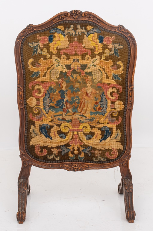 Appraisal: LOUIS XV STYLE NEEDLEPOINT FIRE SCREEN Louis XV style carved