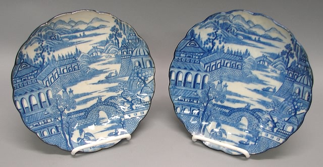 Appraisal: Blue and white scenic plates Japanese attribution to Chinese Canton