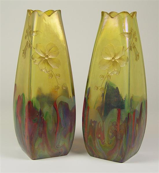 Appraisal: Pair of Bohemian Vases Square design with opaque bottom of