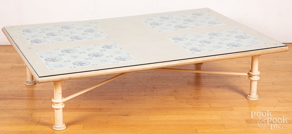 Appraisal: Oak coffee table with blue and white Delft tile Oak