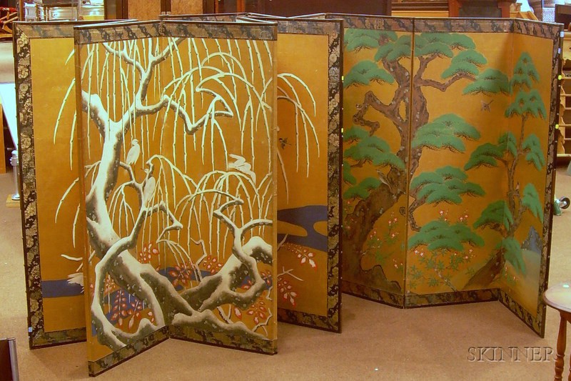 Appraisal: Two Japanese Scenic Gilt and Painted Paper Six-Panel Floor Screens