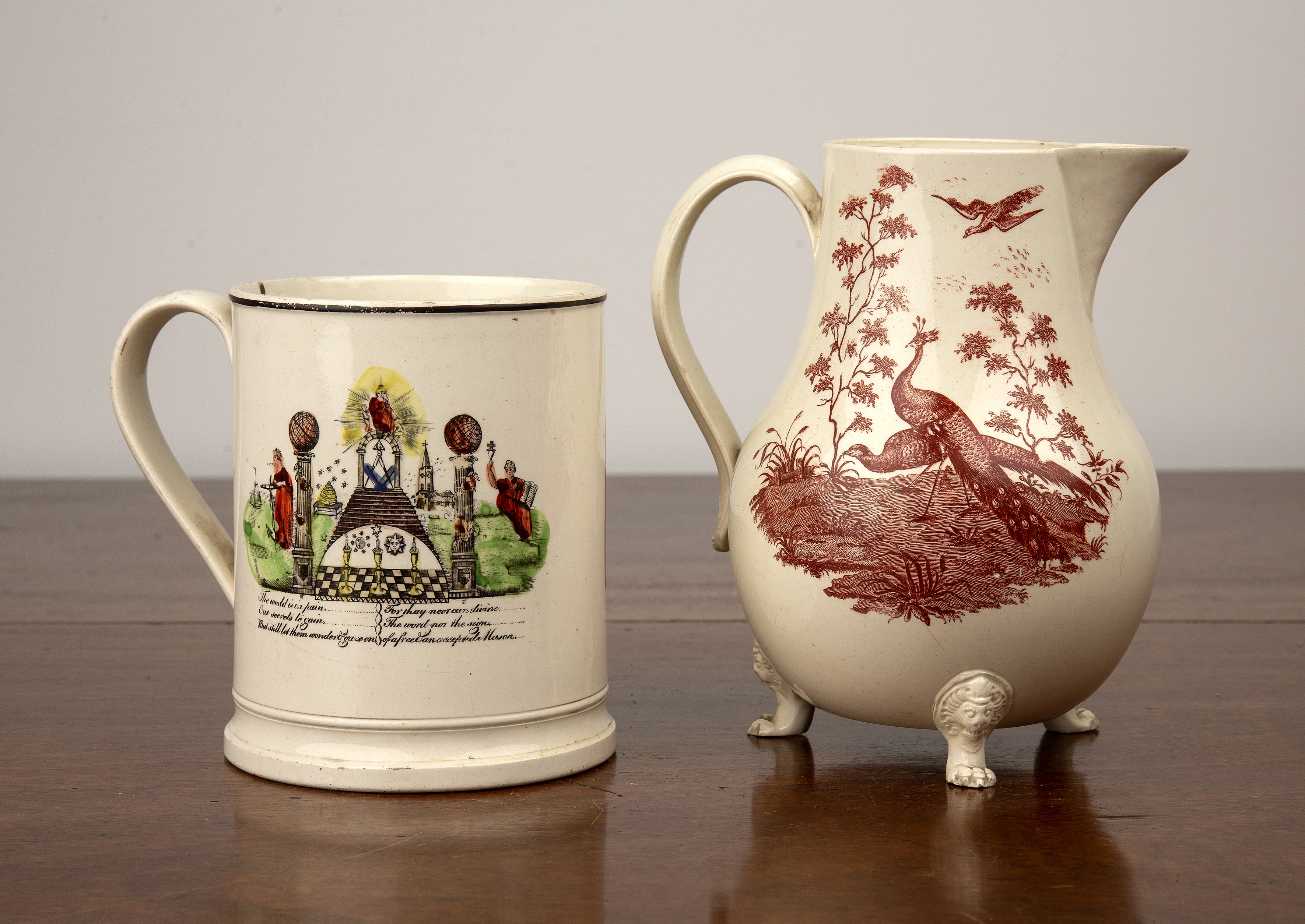 Appraisal: Creamware jug and a Masonic creamware frog mug th th