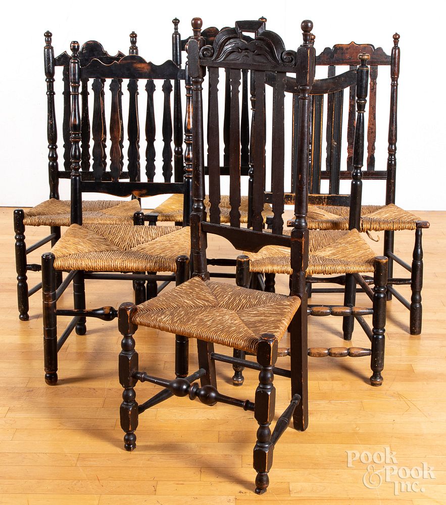 Appraisal: Six New England banisterback side chairs Six New England banisterback