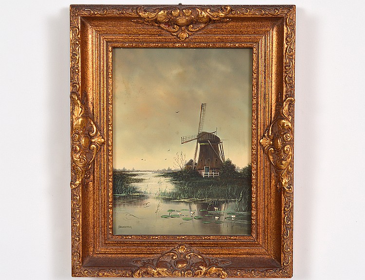 Appraisal: DUTCH SCHOOL TH CENTURY River Landscape with Windmill Signed Breedveld