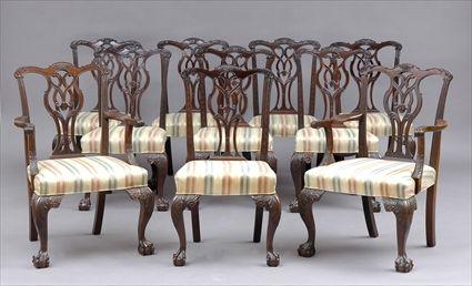 Appraisal: SET OF TEN CHIPPENDALE-STYLE CARVED MAHOGANY DINING CHAIRS Including armchairs