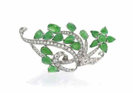 Appraisal: A Platinum Jade and Diamond Brooch containing numerous pear shape