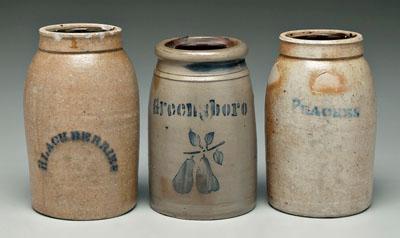 Appraisal: Peaches Blackberries canning jars blue stenciled stoneware one marked quot