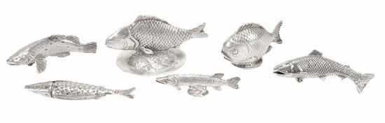 Appraisal: Six silver or silver coloured small models of fish comprising