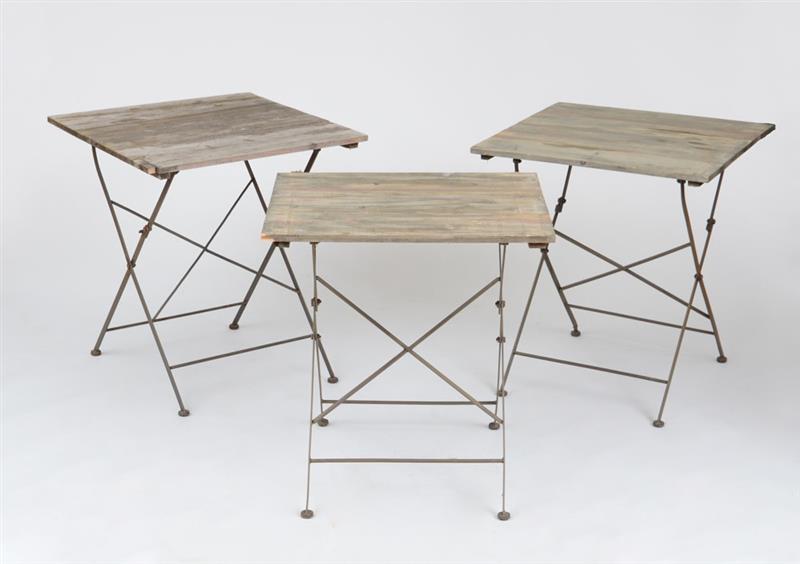 Appraisal: GROUP OF THREE PICKLED WOOD AND METAL FOLDING GARDEN TABLES