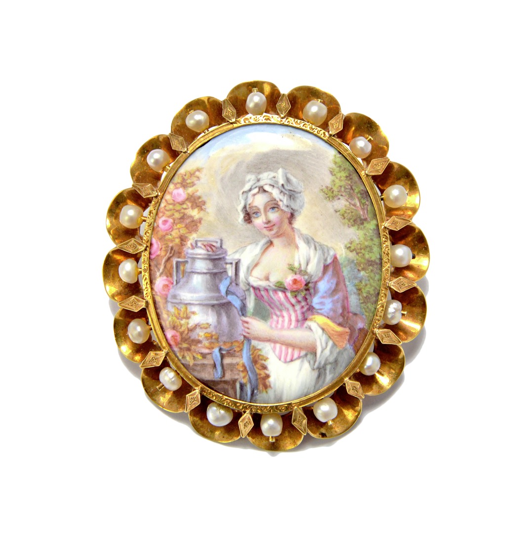 Appraisal: A gold enamelled and cultured pearl set brooch the centre