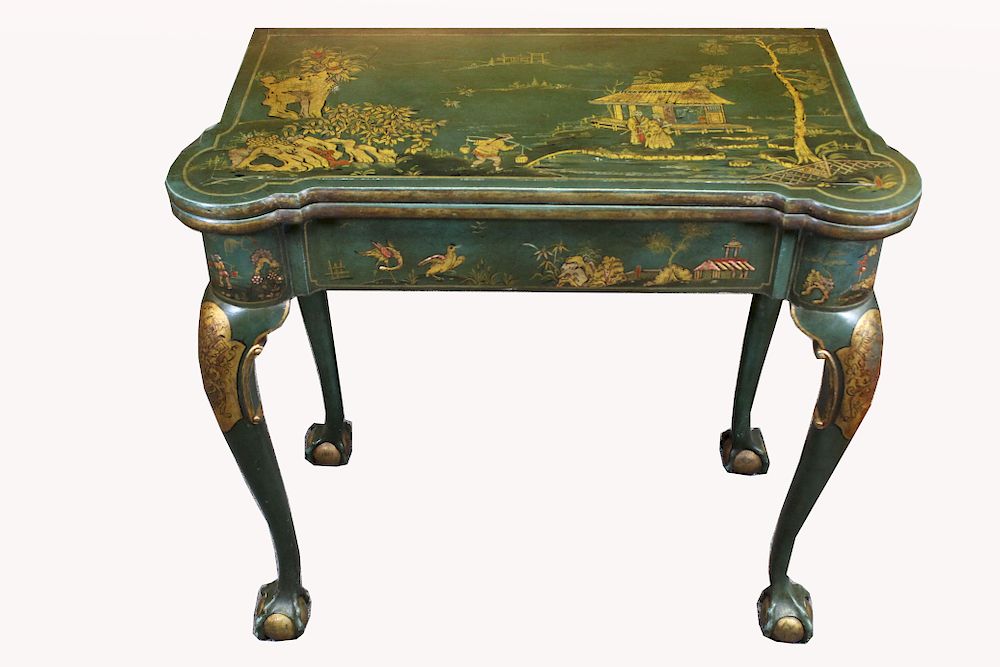 Appraisal: English Chinoiserie Green Lacquered Game Table English Chinoiserie Green Lacquered