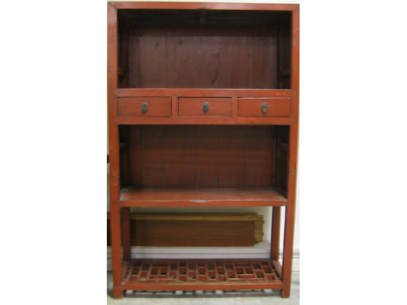 Appraisal: CHINESE RED LACQUER CABINET with open shelves separated by three