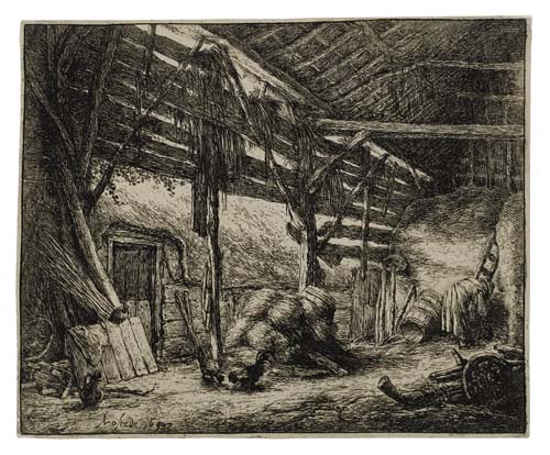 Appraisal: ADRIAEN VAN OSTADE The Barn Etching and drypoint x mm