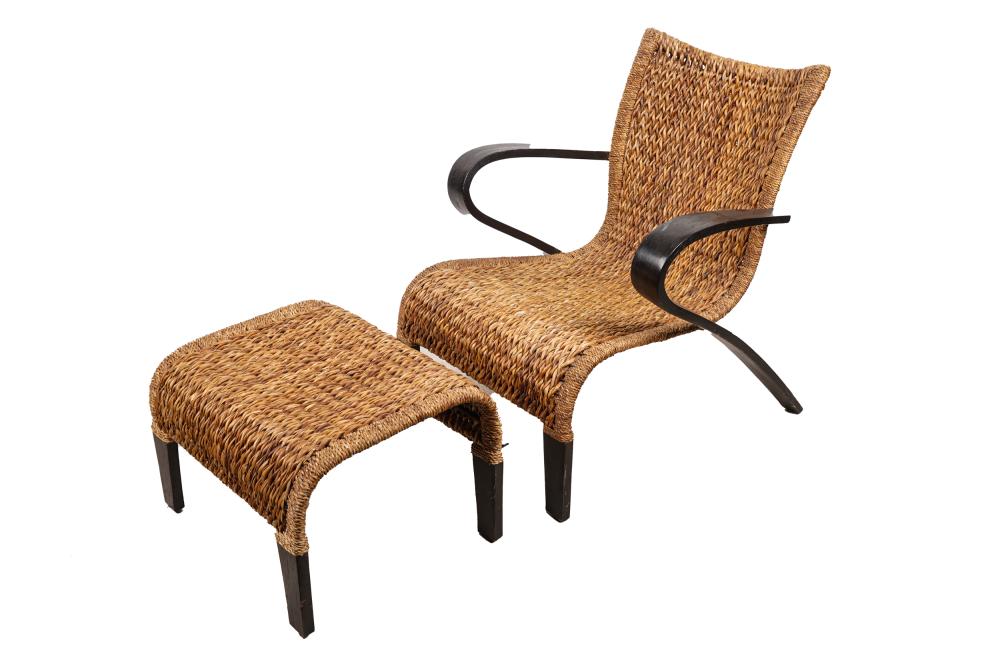 Appraisal: IRON WOOD WOVEN LOUNGE CHAIR OTTOMANCondition with wear and damage