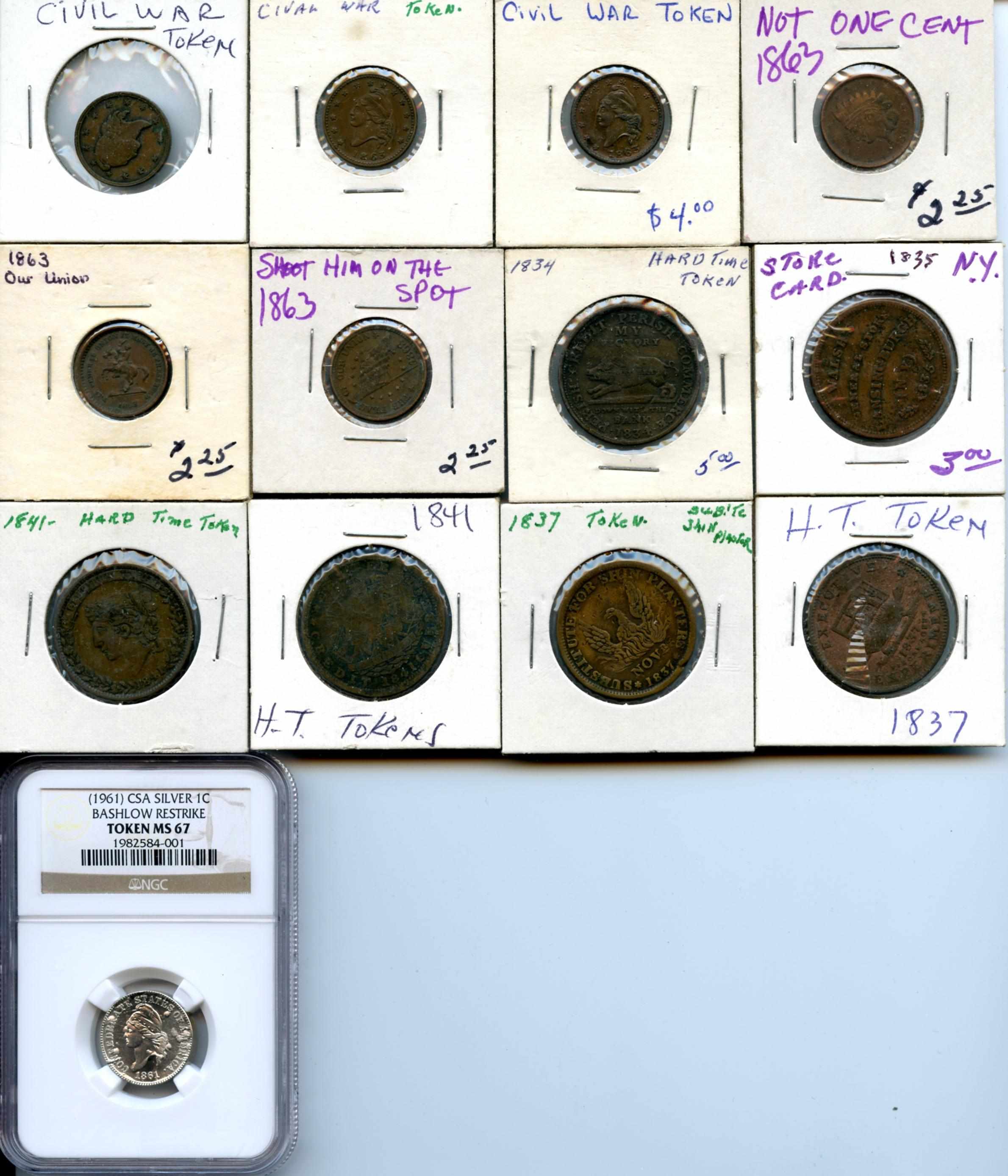 Appraisal: Civil War and Hard Time Tokens Including Civil War Tokens