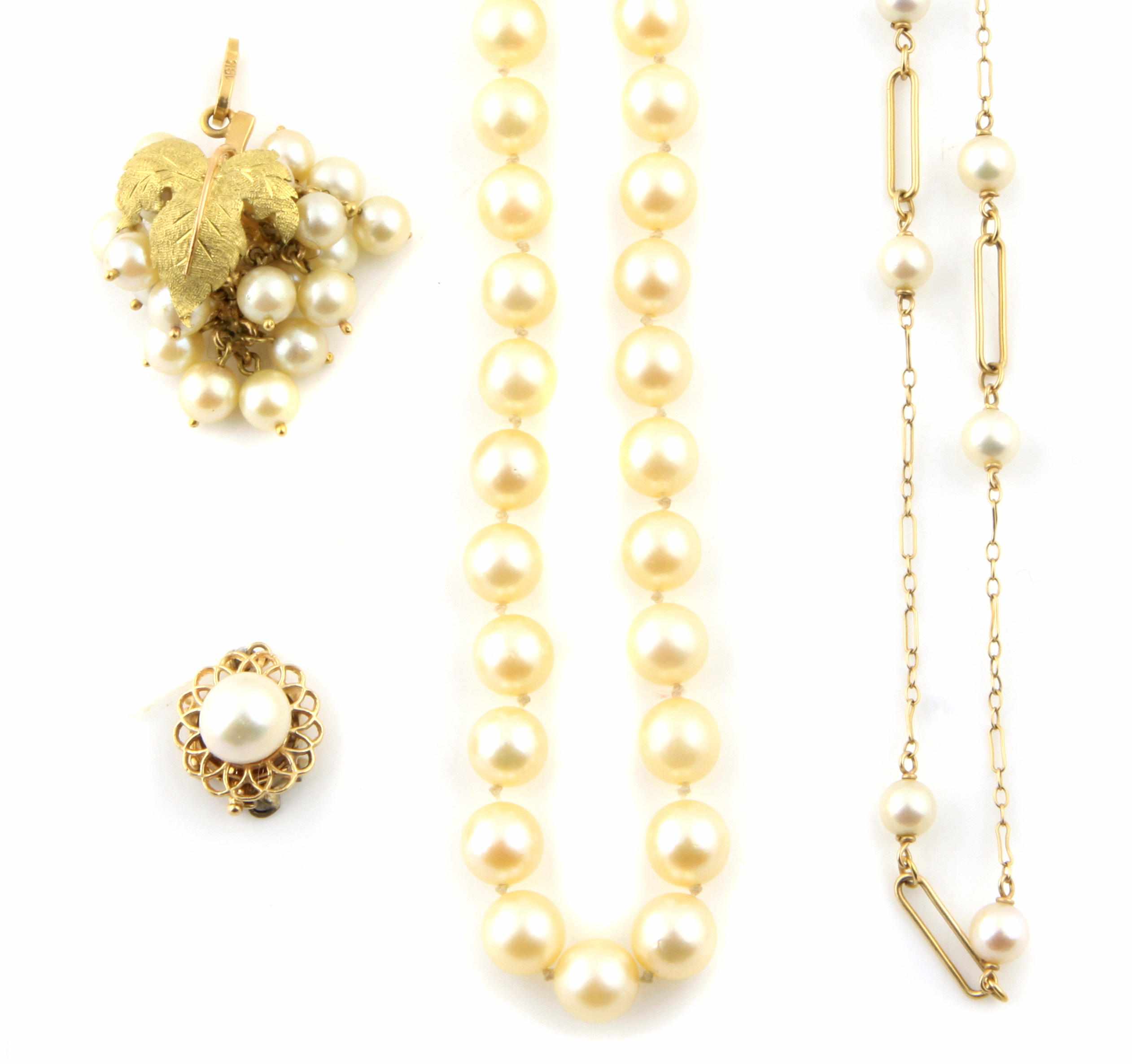 Appraisal: A group of cultured pearl and gold jewelry including necklaces