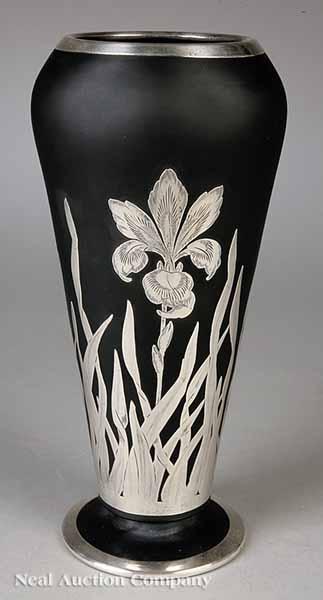 Appraisal: A Good Continental Opaque Glass and Silver Overlay Vase c