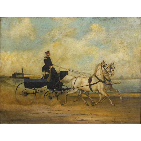 Appraisal: EARLY TH C PAINTING Untitled Horse Drawn Carriage oil on